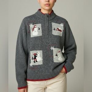 Northern Reflections Heathered Gray Snowman Christmas 1/4 Zip  Sweater Sz M